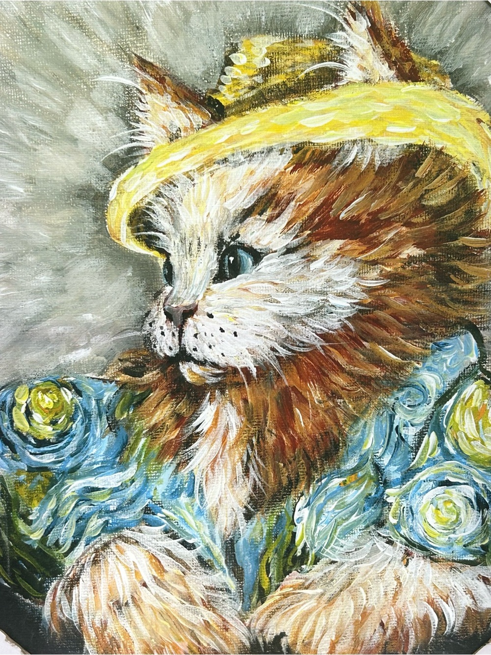 Plush Cat Portrait Wall Art - Yellow Hat & Blue Floral Outfit Approx.12 x 16 x 1